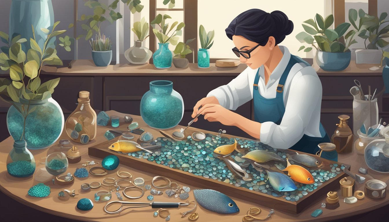 A jeweler carefully arranging and polishing fish scales, surrounded by tools and materials for creating intricate jewelry pieces