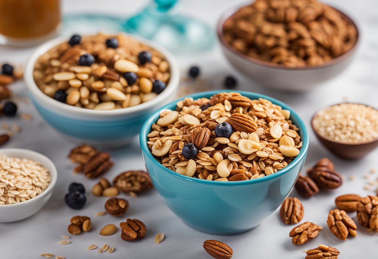 Uma granola caseira de proteína com proteína de soro de leite adicionada, rodeada por ingredientes como aveia, nozes e sementes. Perfeita para um lanche rico em proteínas.