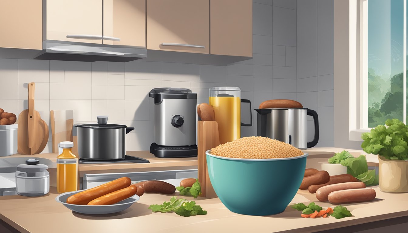 A kitchen counter with various scraps and ingredients laid out, a mixing bowl and grinder, and a row of neatly stored sausages in a refrigerator