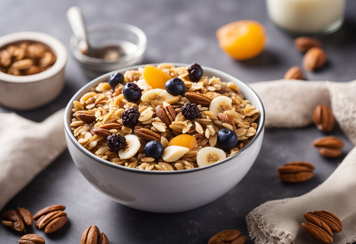 Uma tigela de granola proteica caseira com whey, rodeada de nozes, sementes e frutas secas, pronta para ser saboreada como um lanche nutritivo.