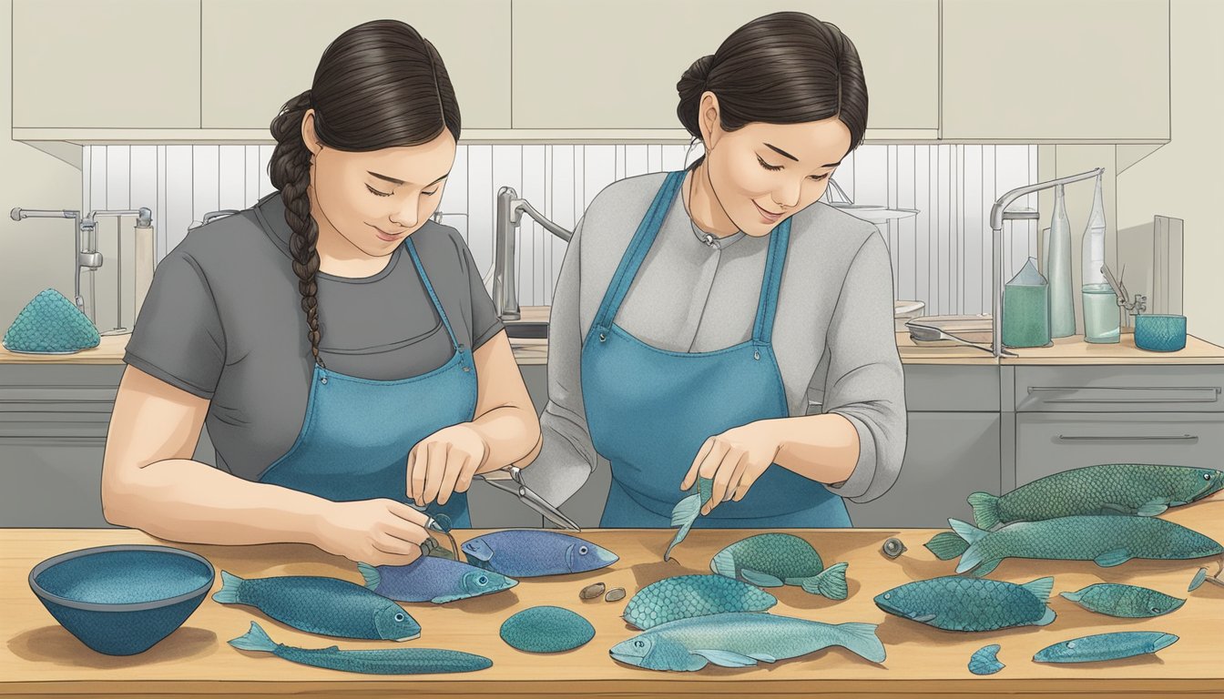 A fish scale jewelry artist carefully selects and cleans scales, then arranges and molds them into intricate, sustainable accessories