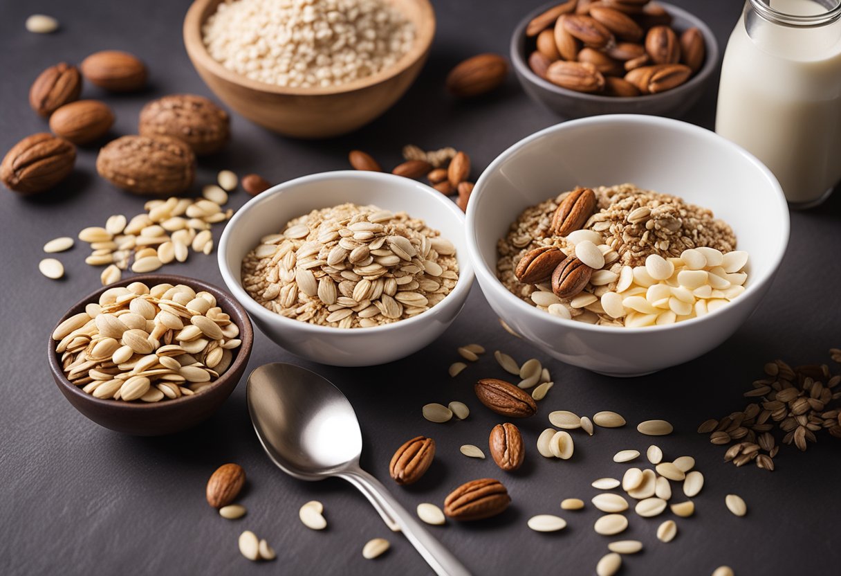 Uma mesa com vários ingredientes, como aveia, nozes, sementes e pó de proteína do soro de leite. Uma tigela de mistura e uma colher também estão presentes, junto com um livro de receitas aberto em uma página intitulada "Granola de Proteína com Whey."