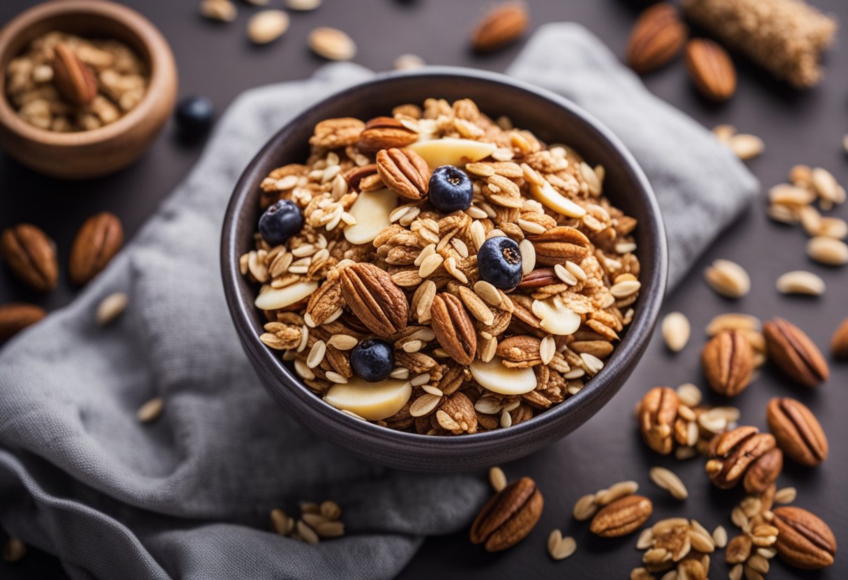 Uma tigela de granola caseira com proteína de soro de leite adicionada, cercada por ingredientes como aveia, nozes e frutas secas. Uma colher e um pote de pó de proteína de soro de leite estão próximos.