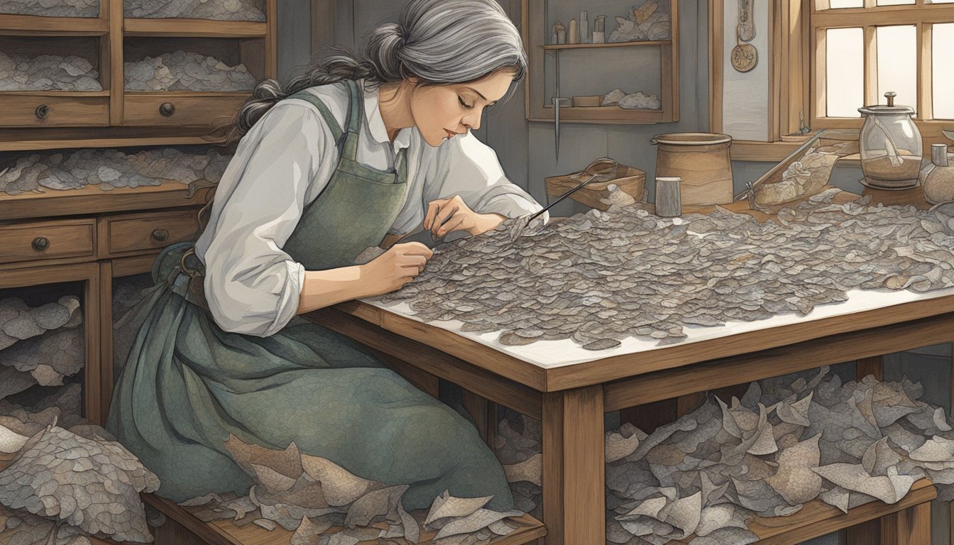 A woman sits at a table, carefully piecing together small scraps of fish skin, using a needle and thread to create intricate leather. A pile of discarded fish scales and bones sits nearby