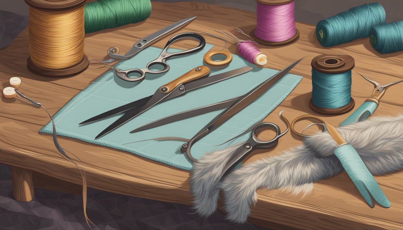 A table holds scissors, needles, and rabbit fur. Thread hangs from a spool. A pattern is laid out on a piece of fabric