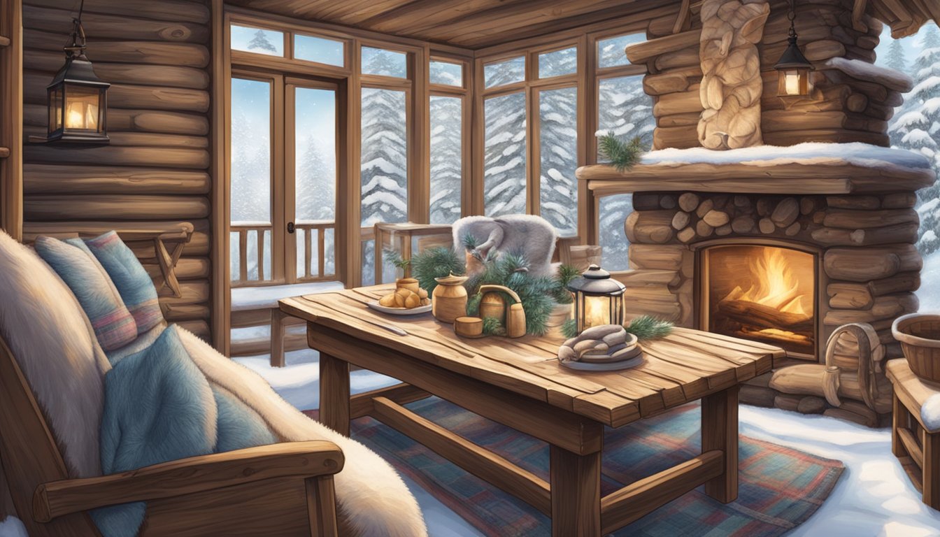 A cozy cabin with a crackling fire, surrounded by snow-covered trees, with a table covered in rabbit fur and mitten patterns