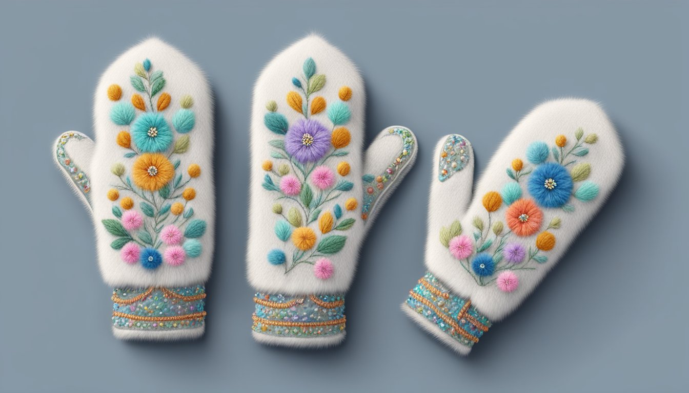 A pair of rabbit fur mittens being delicately embroidered with colorful thread and adorned with small beads and decorative stitching