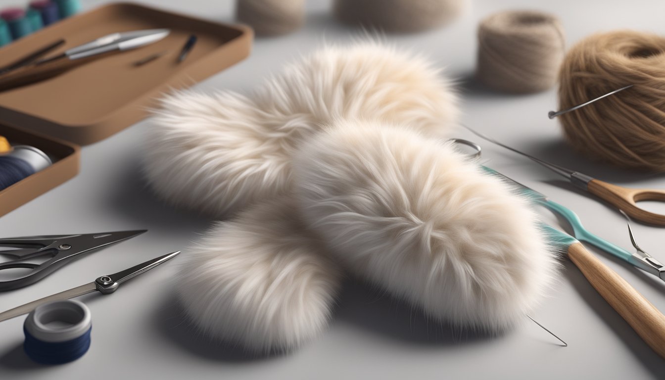 A pair of rabbit fur mittens being carefully crafted with needle and thread, surrounded by soft fur and sewing tools