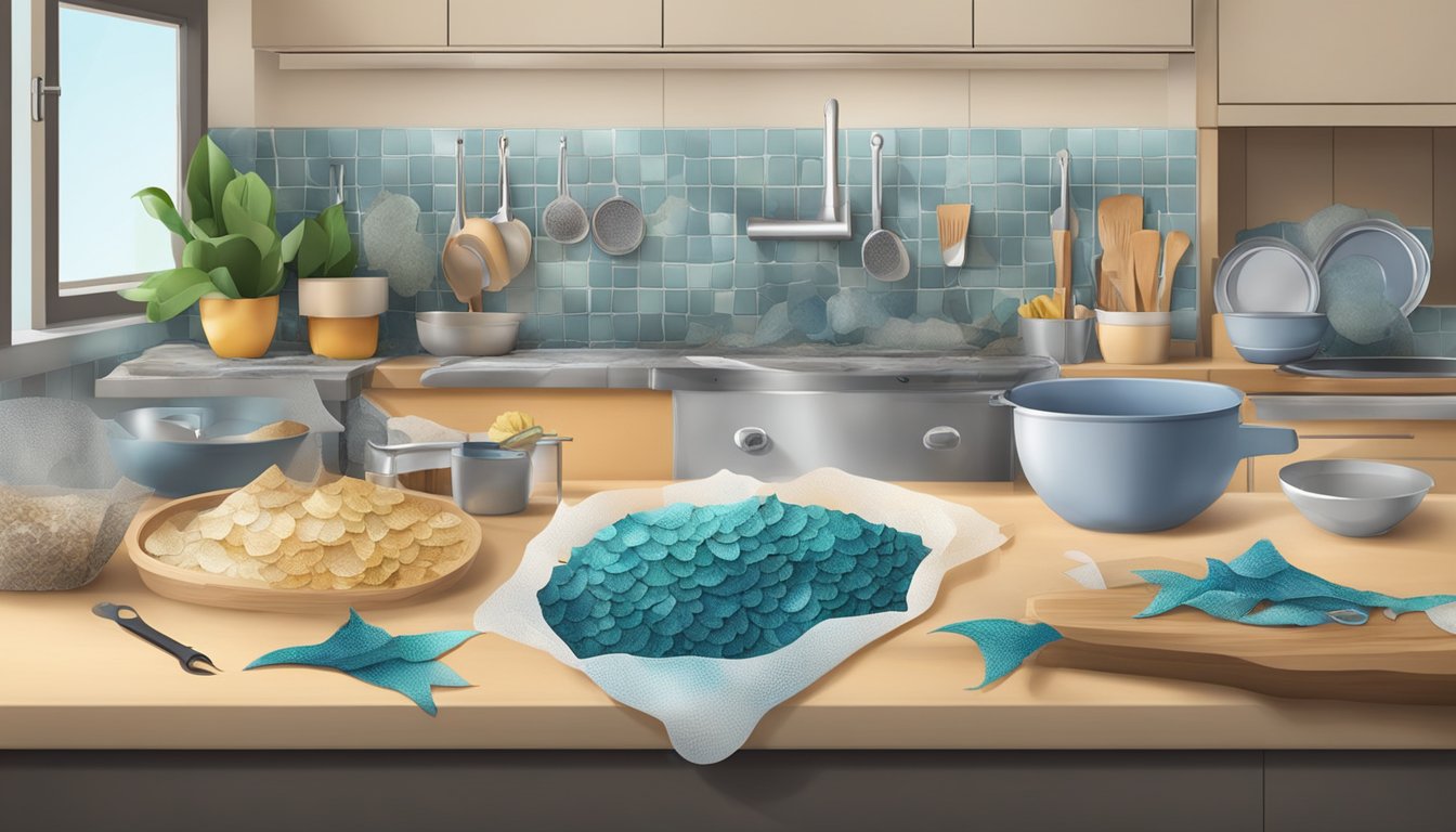 A kitchen counter covered in fish scales and scraps, with tools and materials for creating fish skin leather