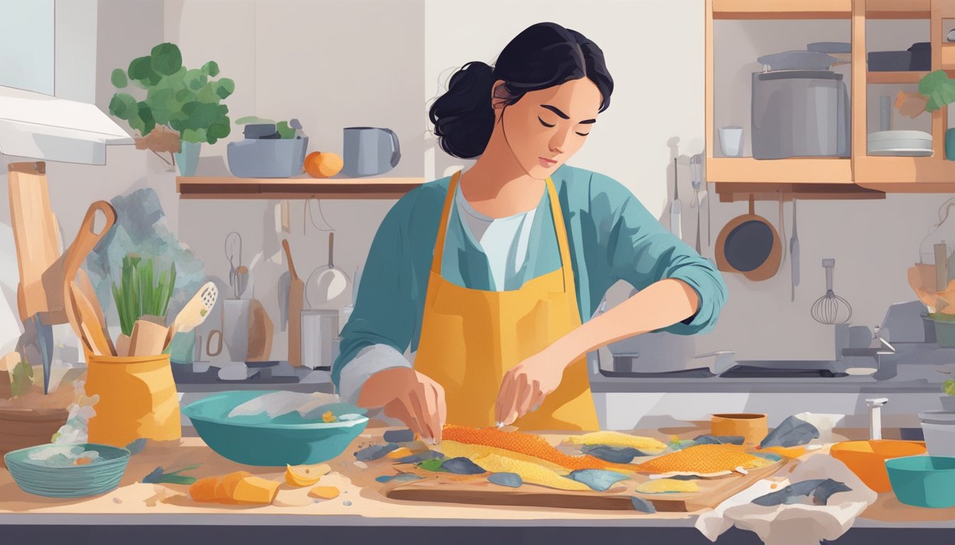 A person meticulously scrapes and treats fish skin in a cozy kitchen, surrounded by colorful scraps and tools. The future of sustainable fashion lies in their skilled hands