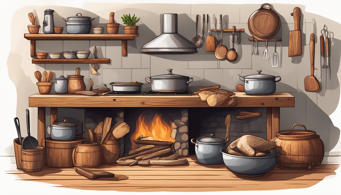 A rustic kitchen with a butcher's block, assorted animal carcasses, and a variety of cooking tools and pots. A fire burns in the hearth