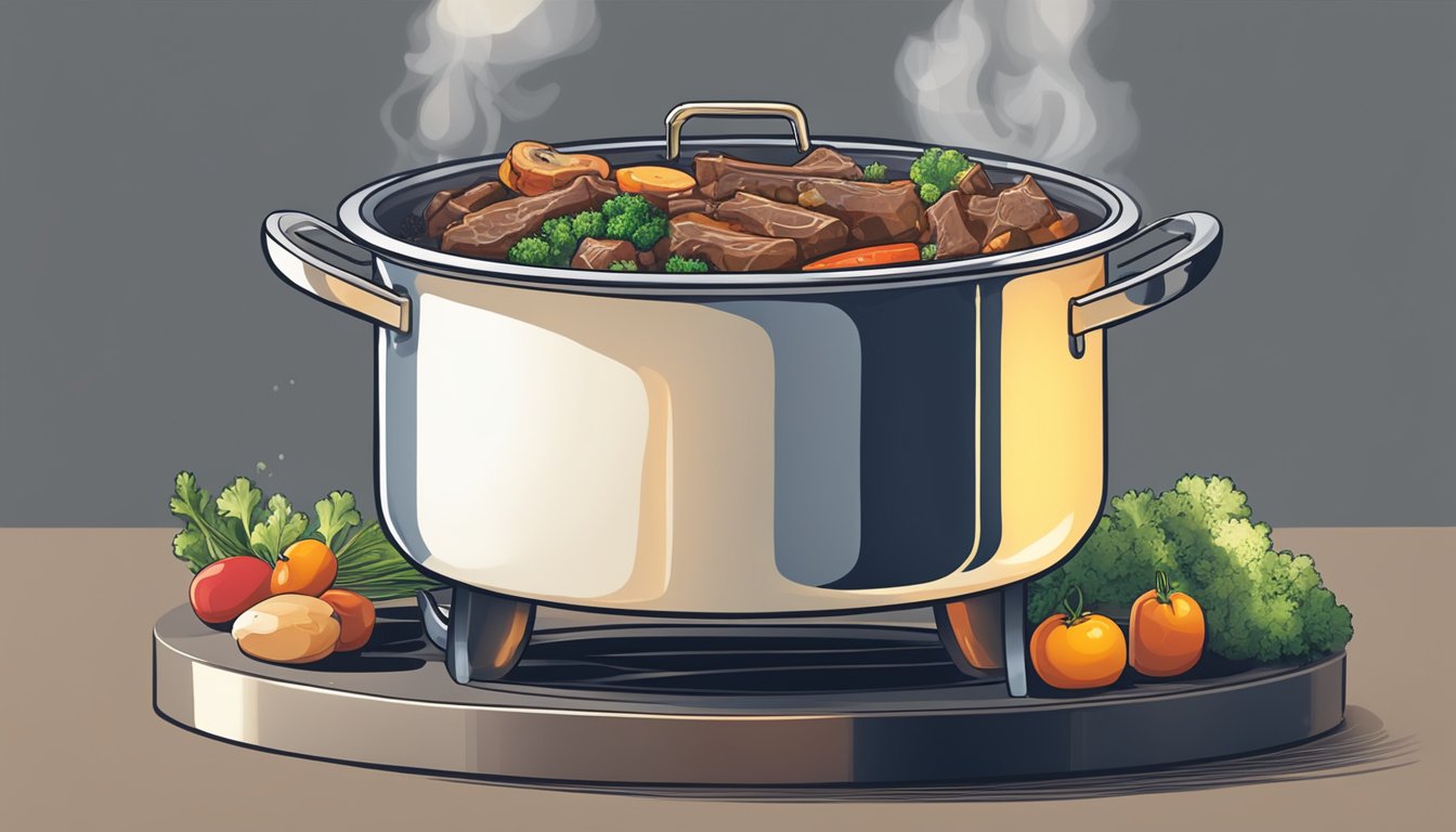 A large pot simmering on a stove, filled with beef bones, vegetables, and water. Steam rising and a rich aroma filling the kitchen