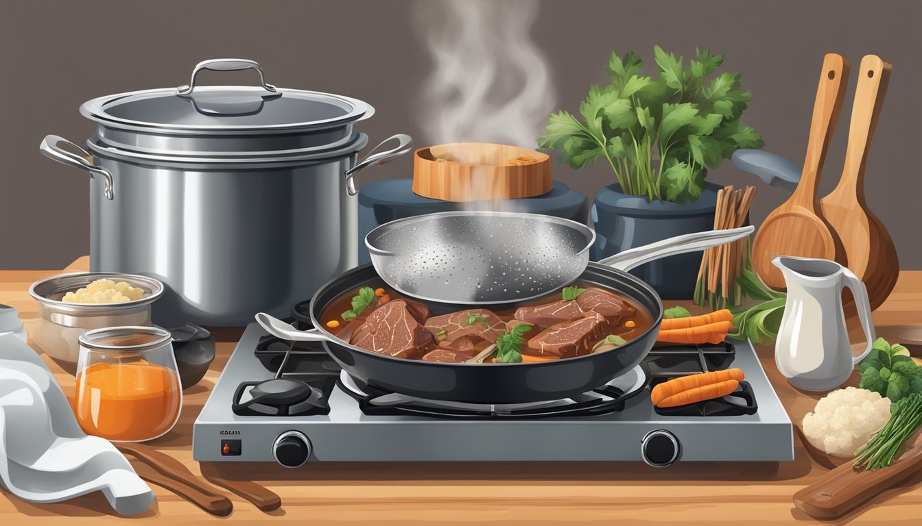 A pot simmering on a stovetop, surrounded by various cooking tools and equipment such as a ladle, strainer, and cutting board with beef bones and ingredients