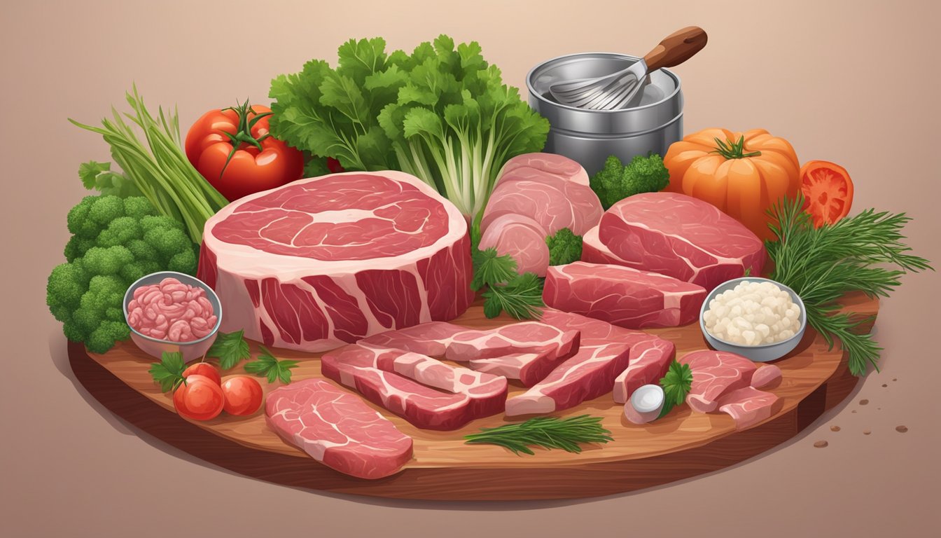 A butcher's table with various cuts of meat and offal, surrounded by fresh vegetables and herbs