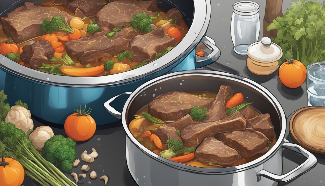 A large pot simmering on a stovetop filled with beef bones, vegetables, and water, emitting a rich and savory aroma