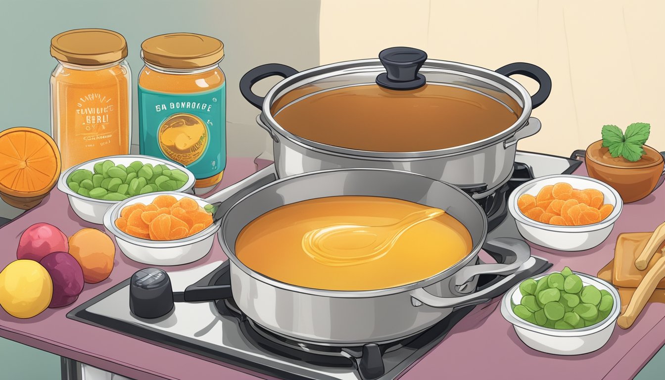 A steaming pot of beef bone broth simmers on a stovetop, surrounded by ingredients like gelatin, honey, and fruit puree. A tray of gummy snacks sets nearby