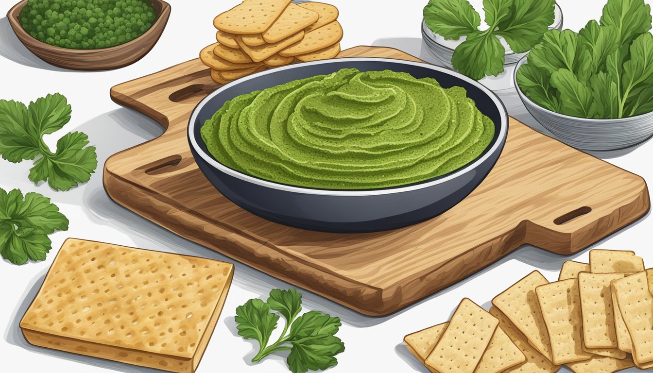 A wooden cutting board with a bowl of turnip green pesto and a variety of crackers and vegetables for pairing