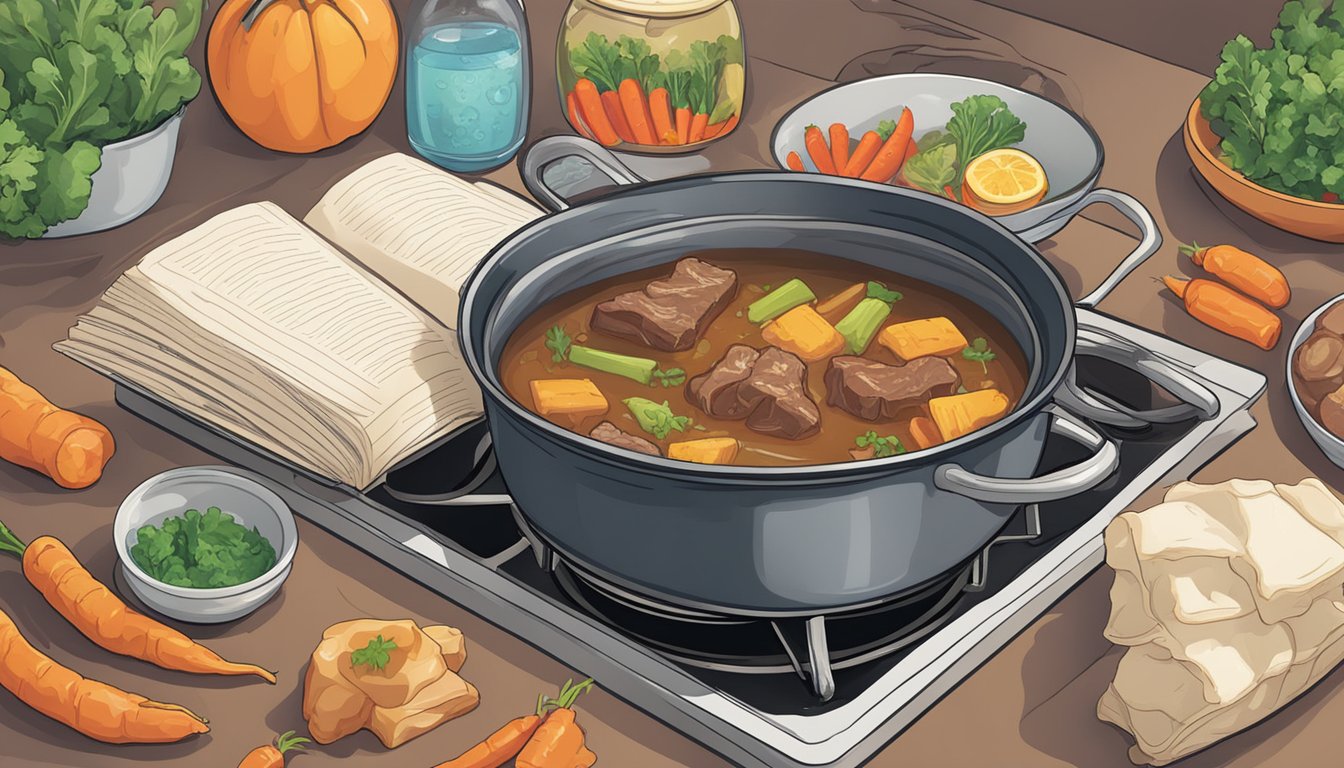 A pot simmering on a stove filled with beef bones, vegetables, and water. A cookbook open to a page with a recipe for beef bone broth gummy snacks