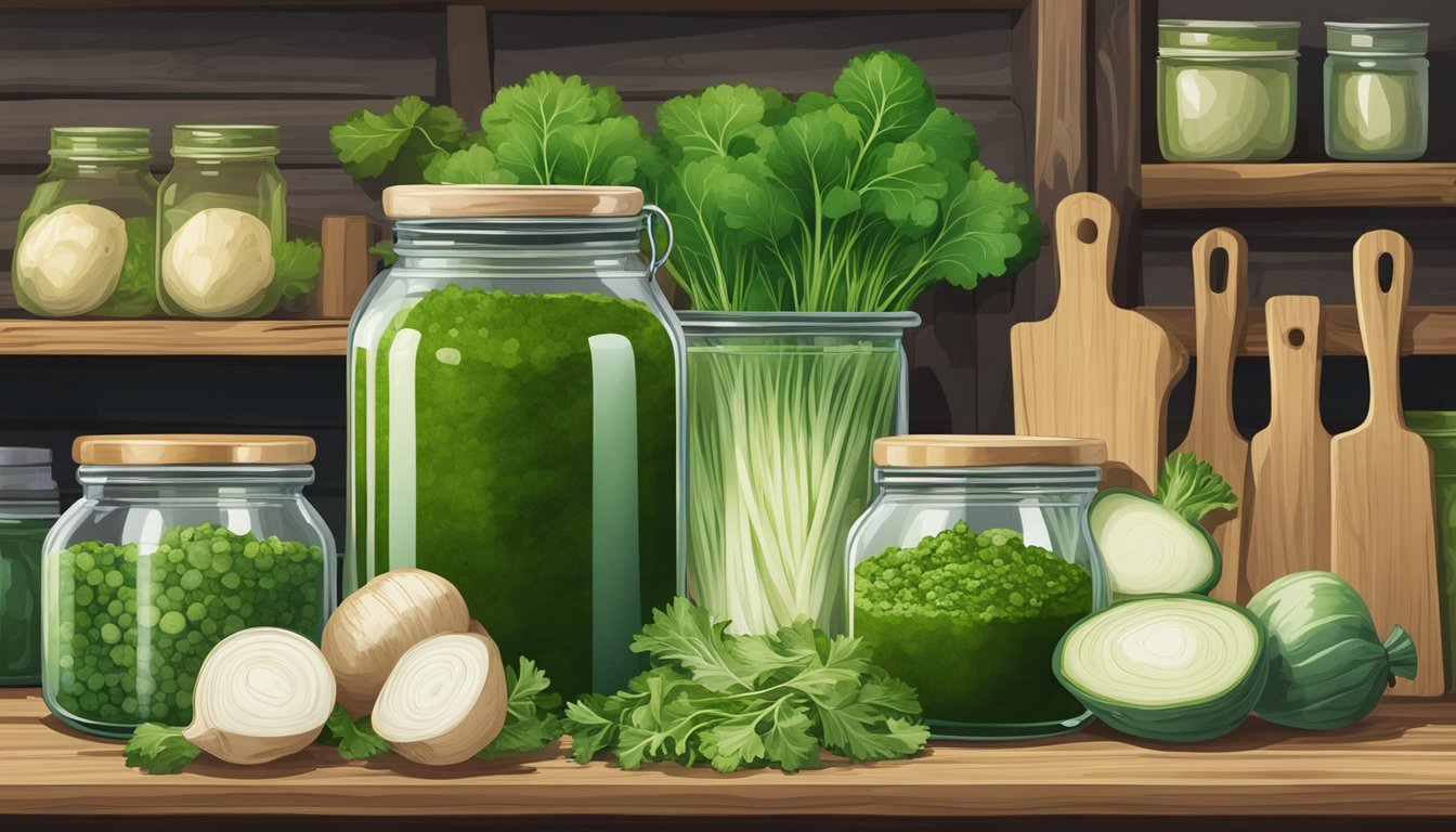 A rustic kitchen with jars of turnip green pesto on wooden shelves, surrounded by fresh turnip greens and other cooking ingredients