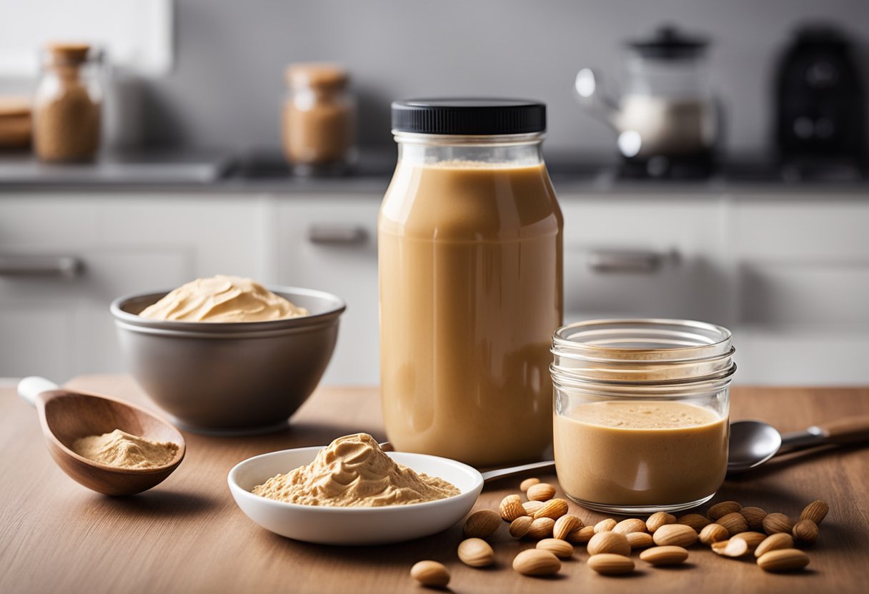Um pote de manteiga de amendoim está aberto em uma bancada de cozinha, cercado por uma medida de whey protein em pó e uma colher. Os ingredientes estão prontos para serem misturados em um lanche saudável.