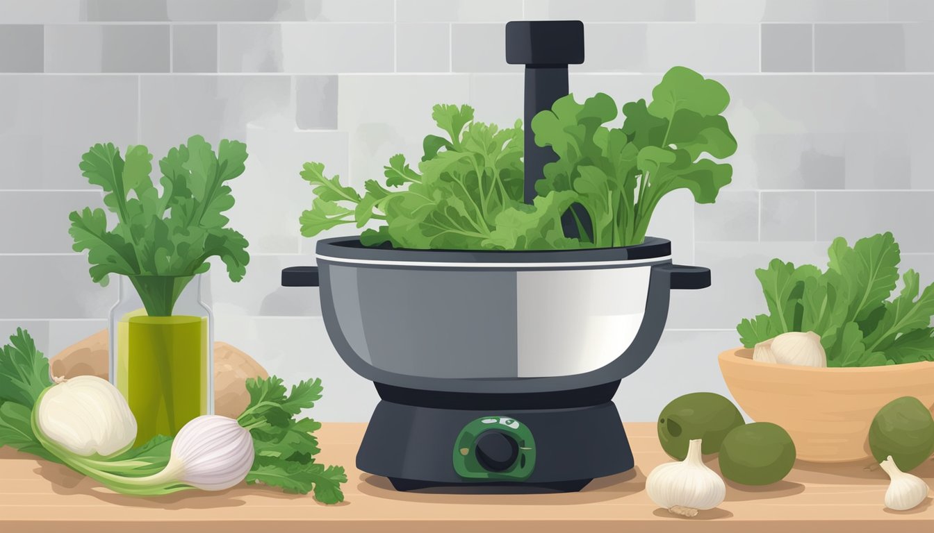 Turnip greens, garlic, and olive oil blend in a food processor. A jar of pesto sits nearby, surrounded by fresh turnip greens and a mortar and pestle