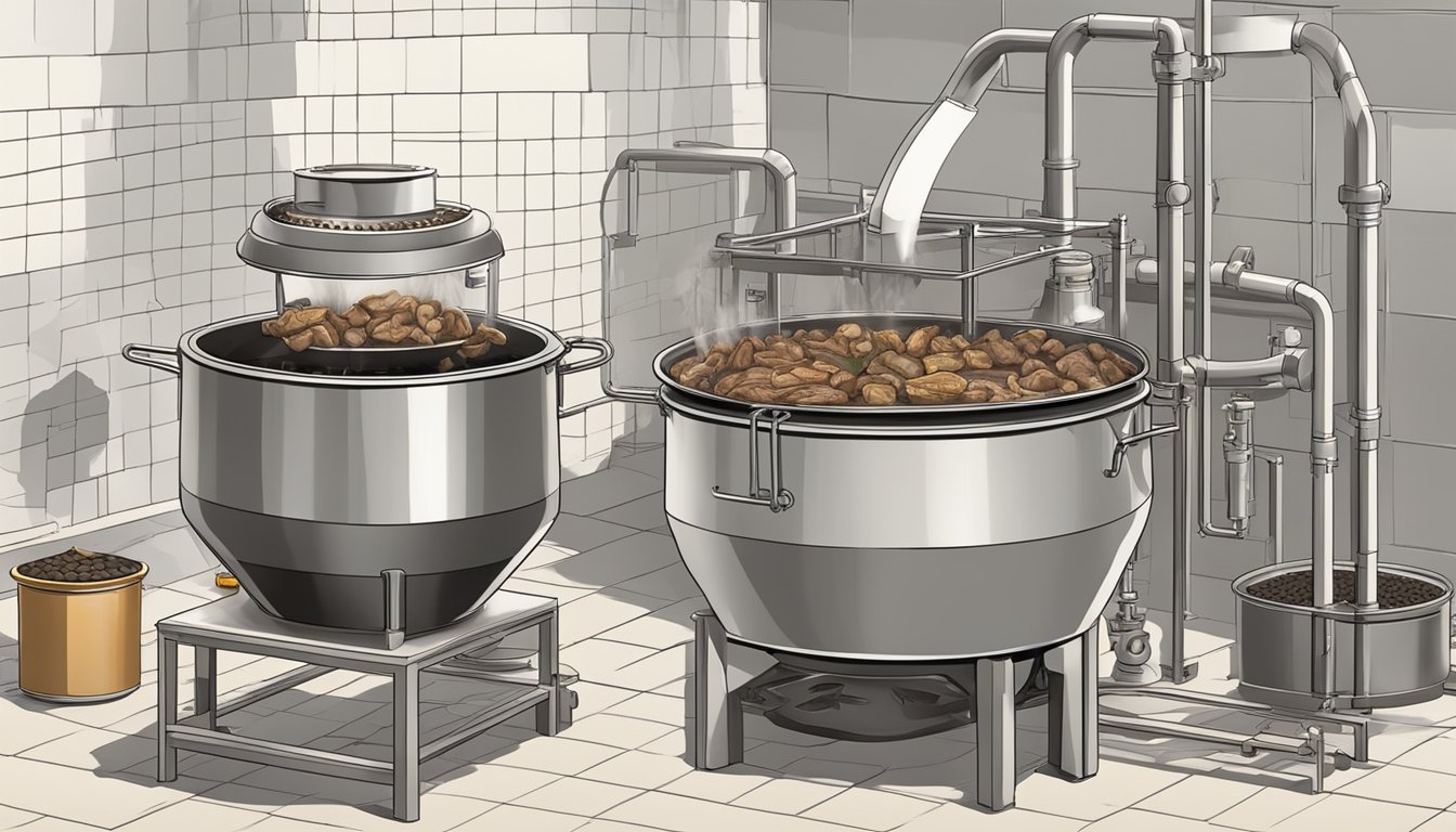 A large pot simmering with beef bones, surrounded by filtering equipment and a detailed guidebook on bone char production