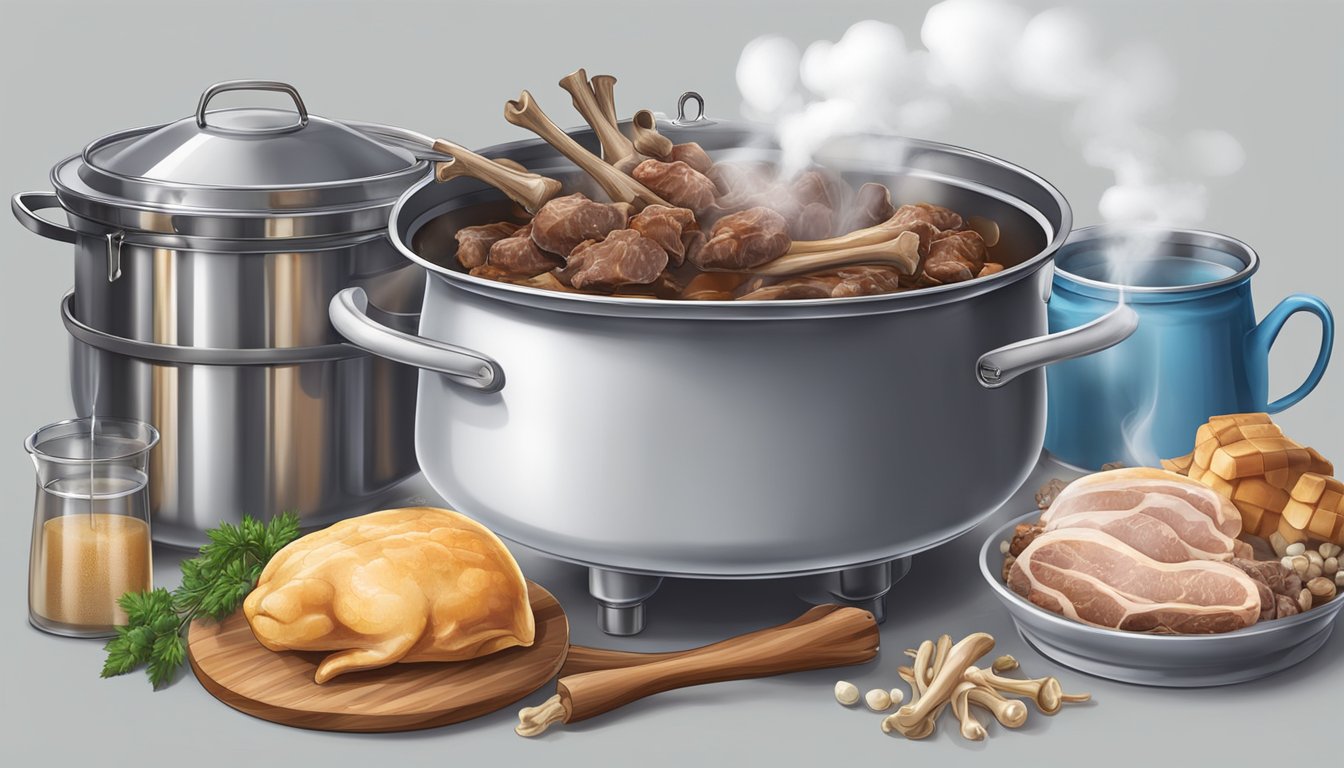 A large pot boiling with beef bones, releasing steam and fragrant aroma, surrounded by various filtration equipment and tools