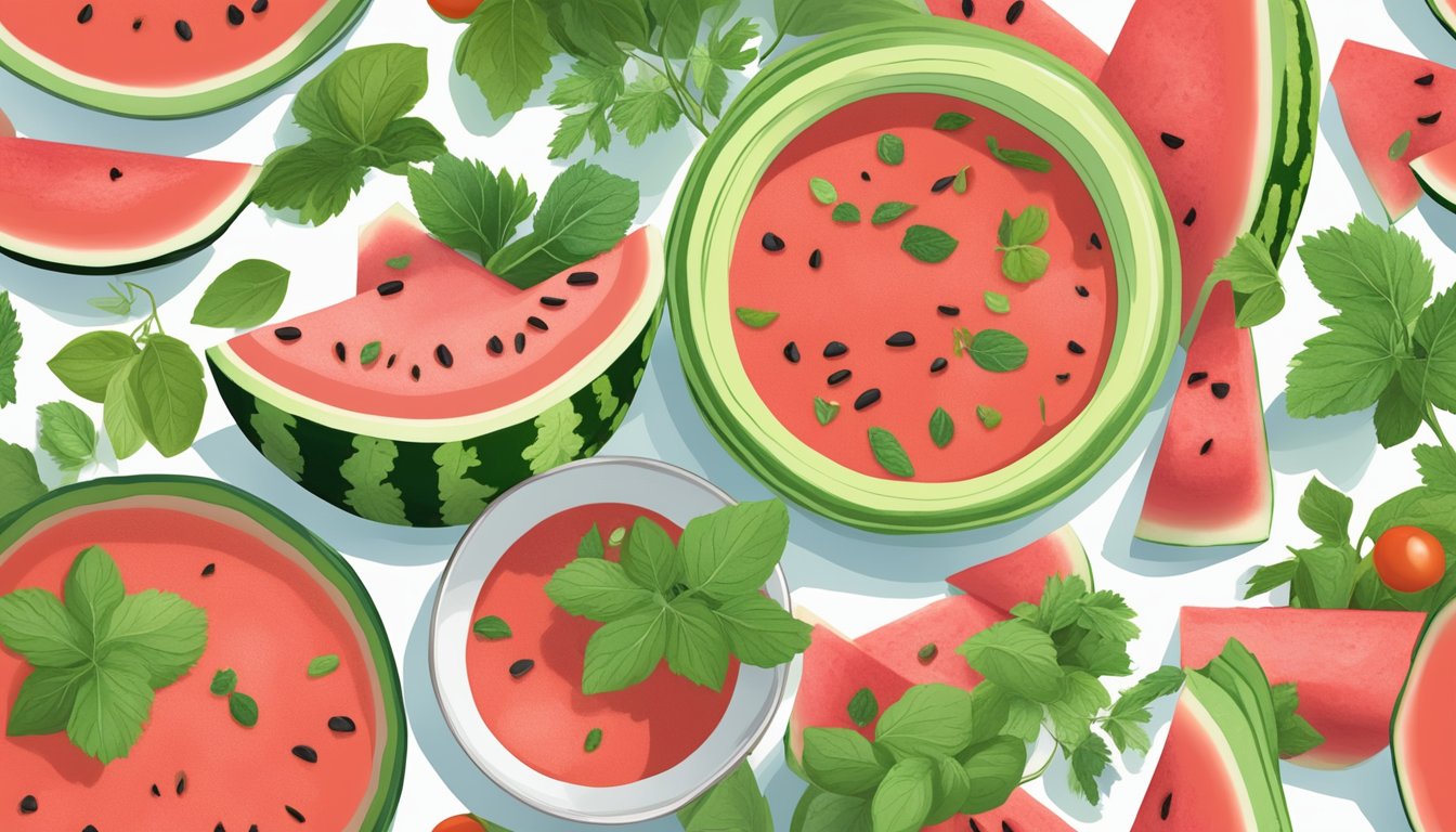 A colorful array of fresh watermelon, tomatoes, cucumbers, and herbs, surrounded by a bowl of chilled watermelon rind gazpacho