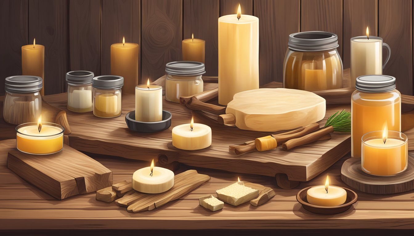 A rustic wooden table with a variety of candle making supplies including beef tallow, wicks, molds, and essential oils