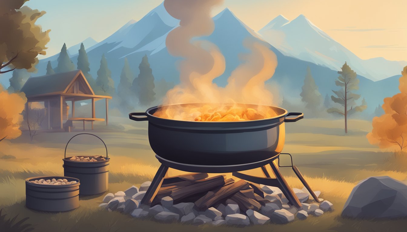 A large pot boiling beef bones over a fire, with smoke rising and a filter system nearby