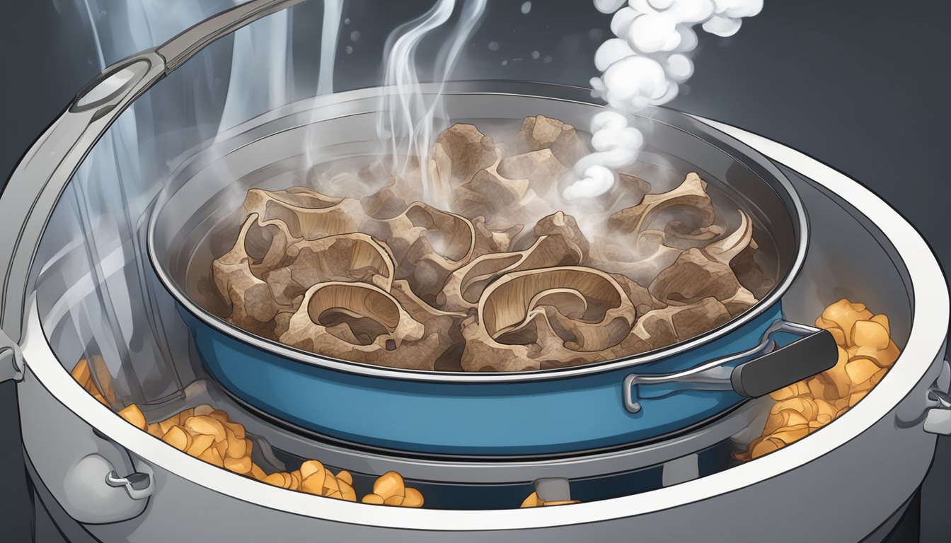 Beef bones boiling in a large pot, steam rising, with a steady stream of water pouring through a funnel into a container below