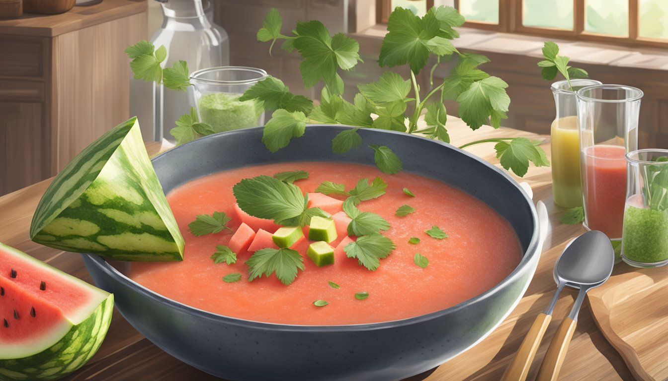 A watermelon rind gazpacho being prepared with fresh ingredients and herbs in a rustic kitchen setting