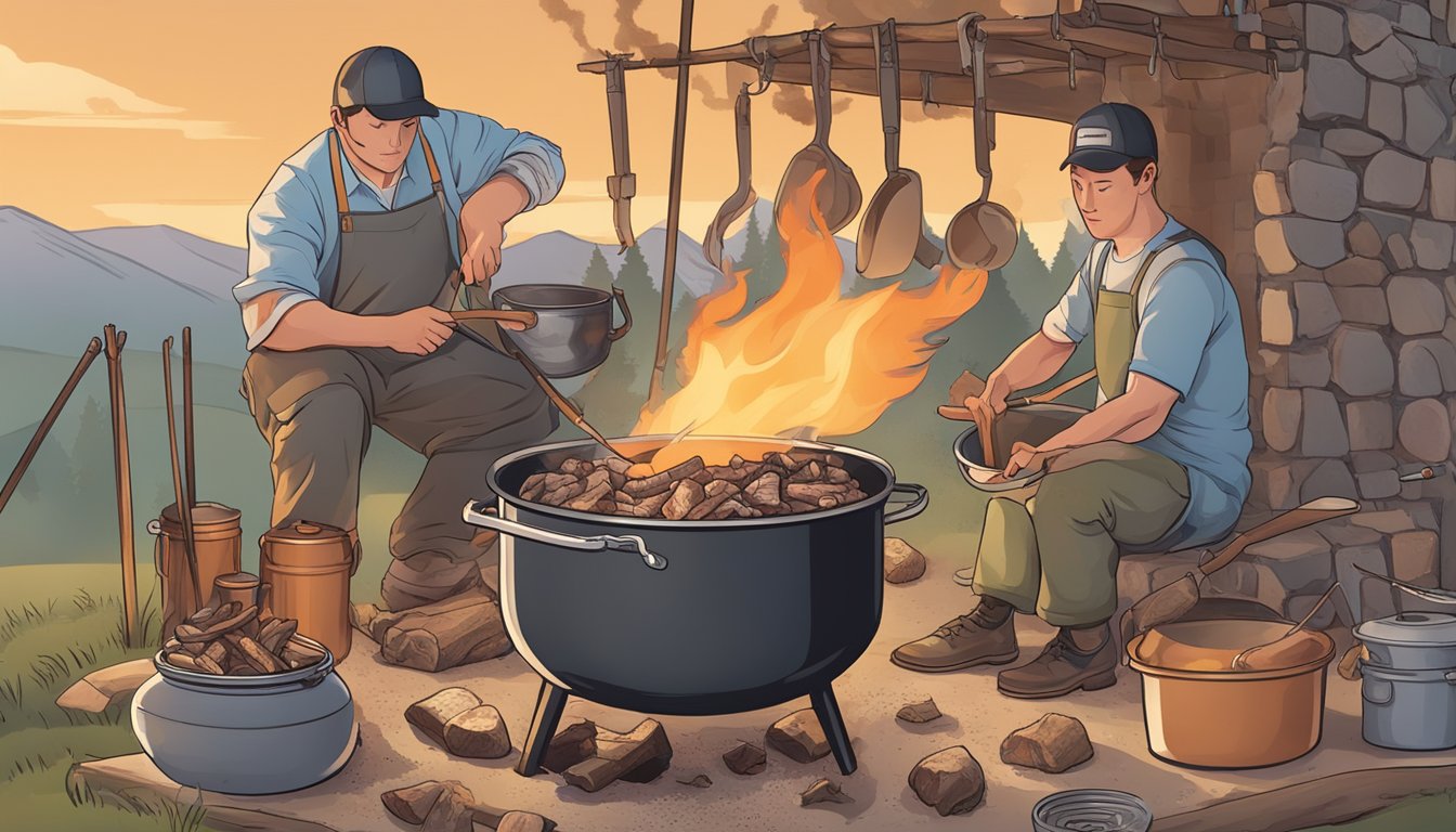 A person stirring a large pot of boiling beef bones over a fire, with various filtration tools and methods displayed nearby