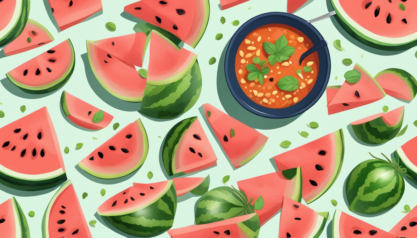 A bowl of watermelon rind gazpacho surrounded by scattered seeds and a slice of watermelon, with a spoon resting on the rim of the bowl