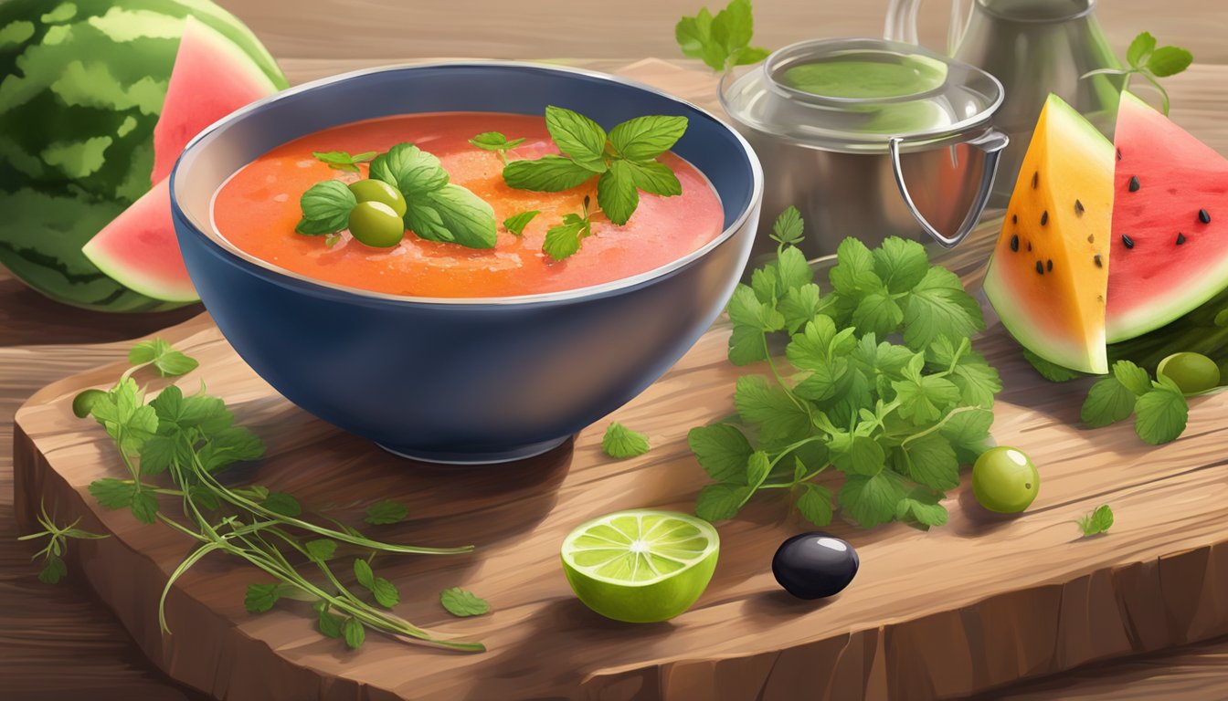 A vibrant watermelon rind gazpacho being garnished with fresh herbs and a drizzle of olive oil in a clear glass bowl placed on a rustic wooden table