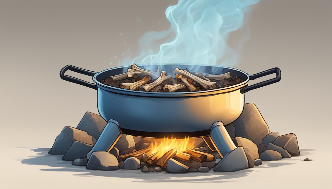 A large pot boiling beef bones over a fire, with a stream of clear water flowing through a series of bone char filters