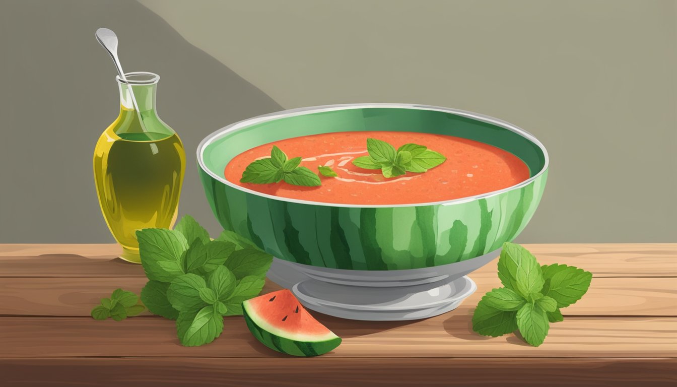 A bowl of watermelon rind gazpacho garnished with fresh mint leaves and a drizzle of olive oil, sitting on a rustic wooden table