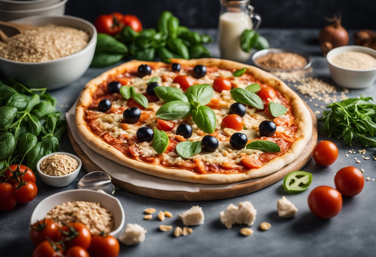 Uma pizza saudável sendo preparada com massa de soro de leite e aveia, cercada por ingredientes frescos e imagens relacionadas ao fitness.