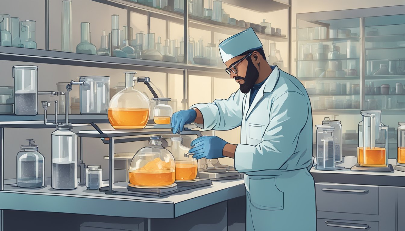 A scientist carefully heating and processing beef bones in a laboratory setting, surrounded by glassware and equipment for water filtration