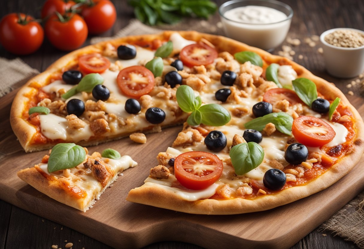 Uma pizza colorida e apetitoso coberta com ingredientes ricos em proteínas, como frango, peru e queijo, servida em uma tábua de madeira rústica com uma pitada de aveia e whey protein.