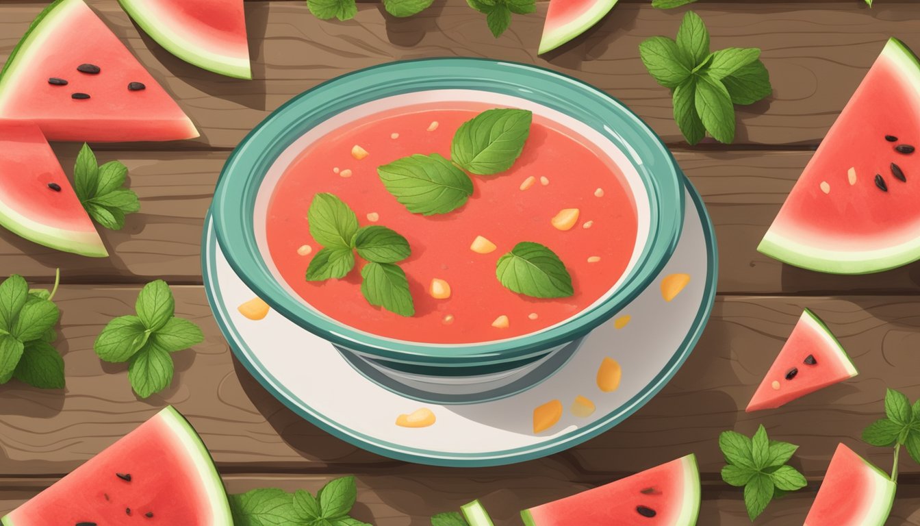 A bowl of watermelon rind gazpacho surrounded by fresh watermelon slices and mint leaves on a rustic wooden table