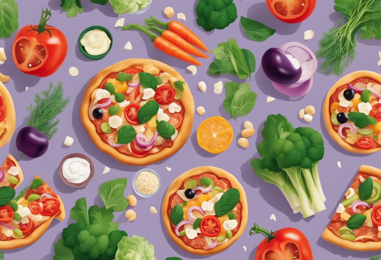 Uma pizza colorida com uma crosta saudável de whey e aveia, rodeada por vegetais frescos e coberturas de proteínas magras.