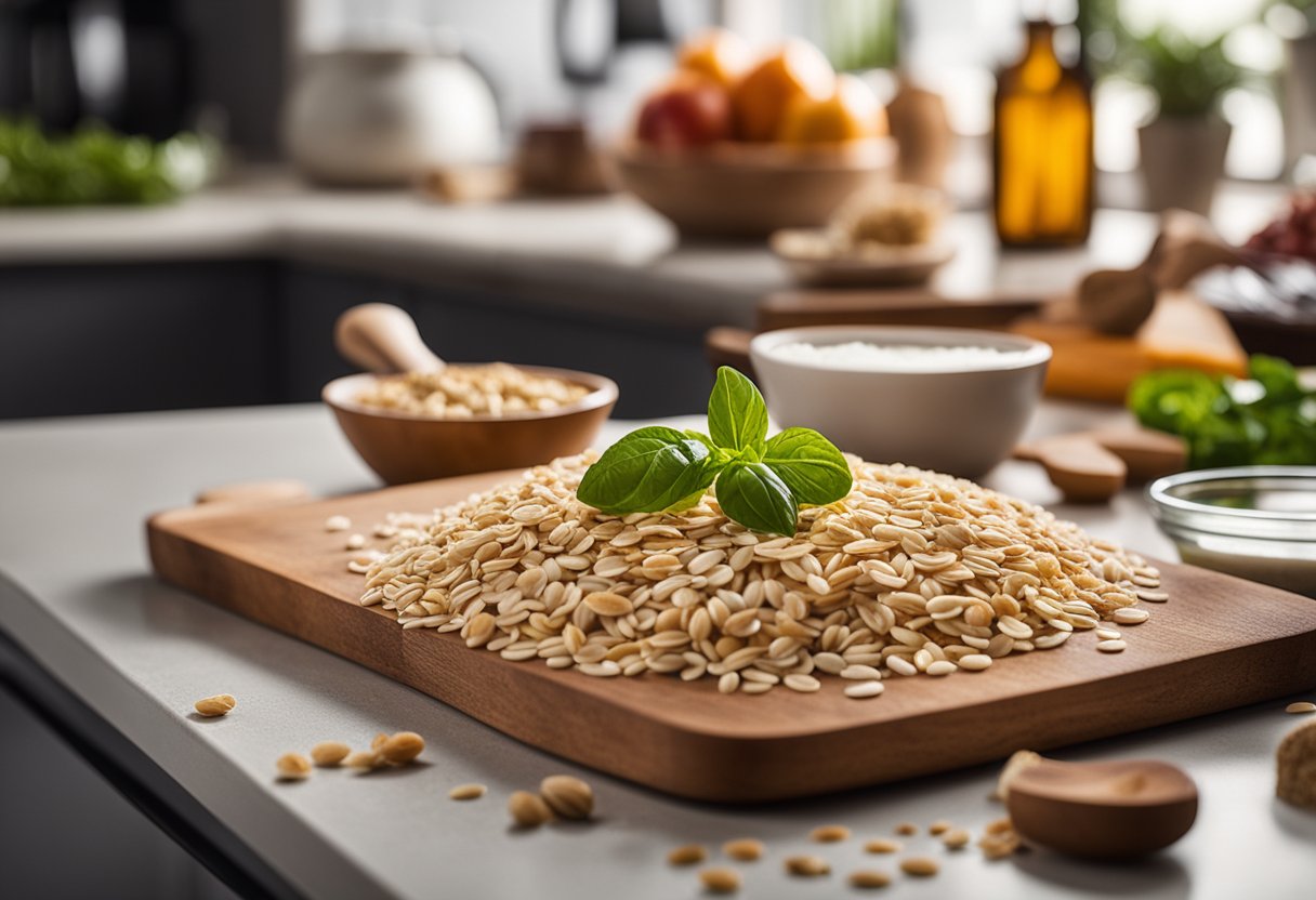 Uma bancada de cozinha com ingredientes como whey protein, aveia e coberturas saudáveis, ao lado de um rolo de massa e uma forma de pizza.