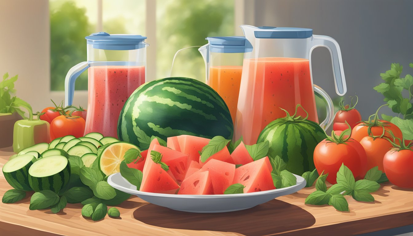 A colorful array of fresh watermelon rinds, tomatoes, cucumbers, and herbs arranged on a wooden cutting board, with a blender and a bowl of gazpacho in the background