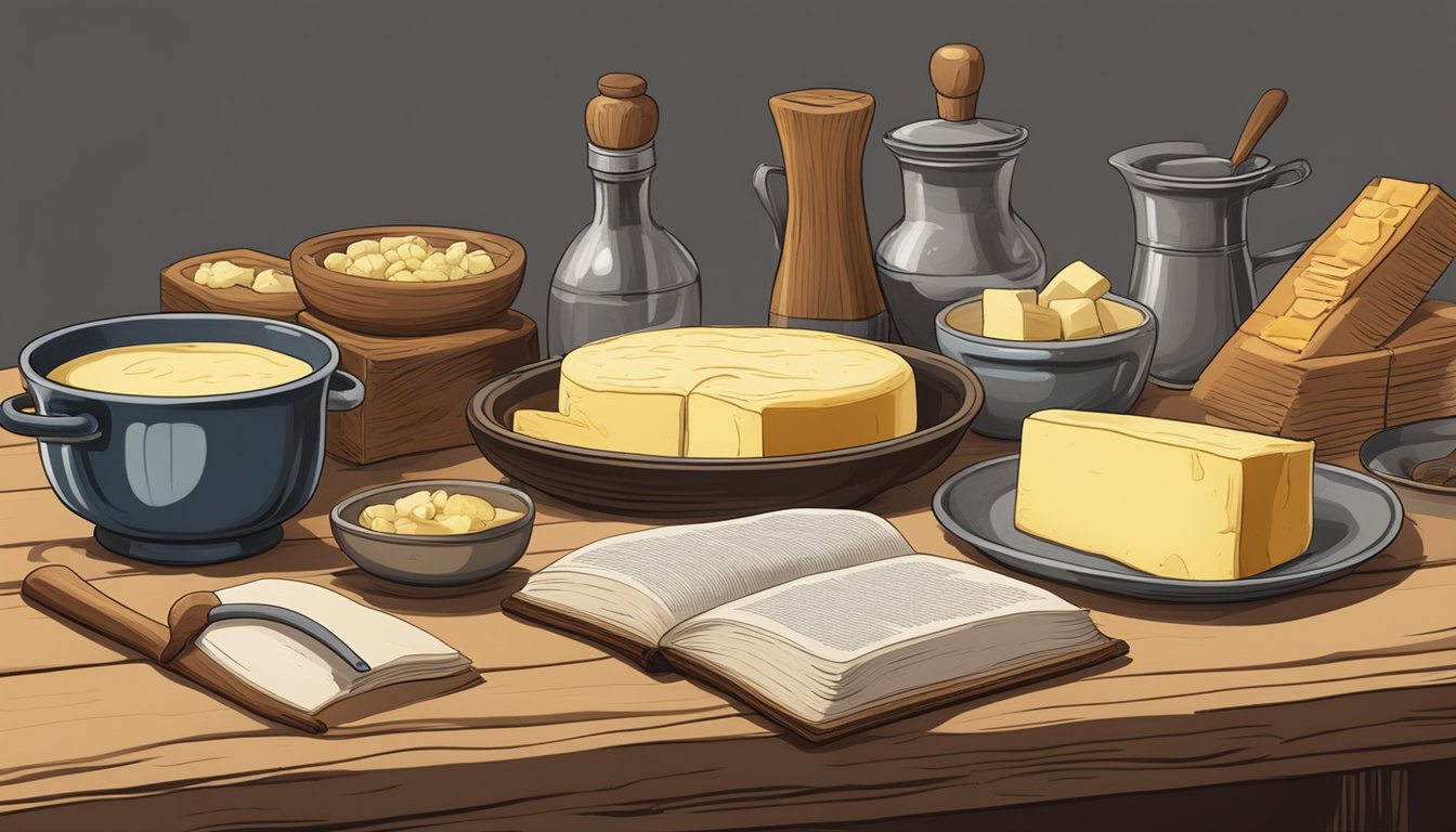 A rustic wooden table with various bone marrow and butter pairings, surrounded by open cookbooks and utensils