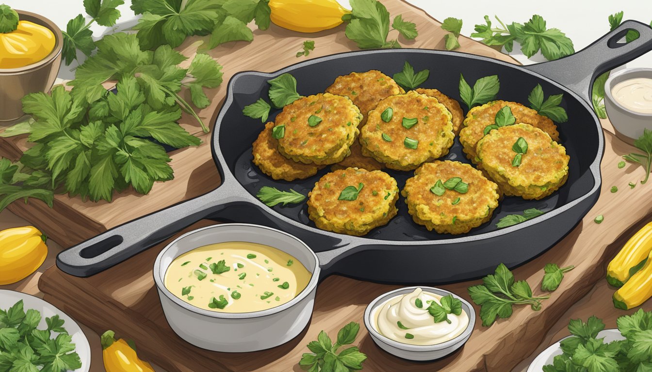 A sizzling skillet of golden zucchini end fritters, surrounded by fresh herbs and a dollop of creamy dipping sauce