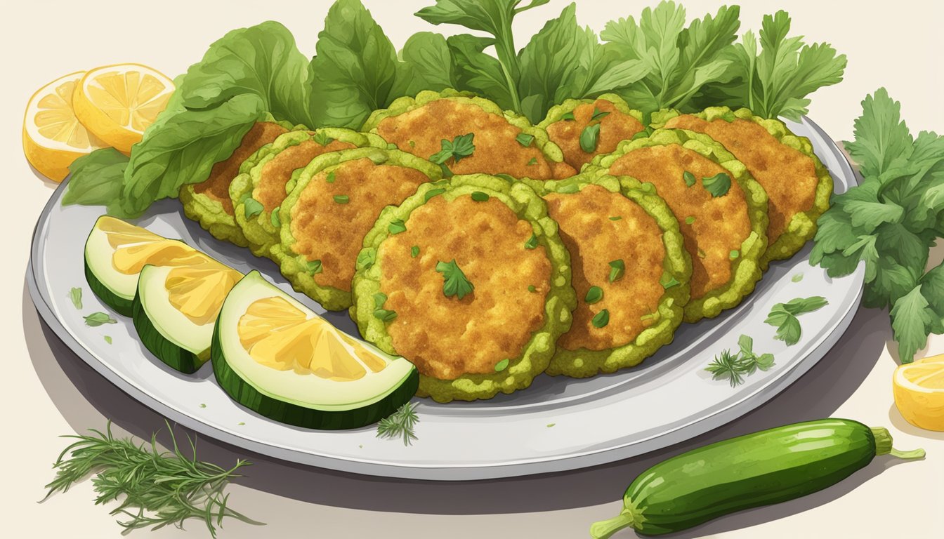 A plate of golden zucchini end fritters surrounded by fresh zucchini, herbs, and other colorful vegetables