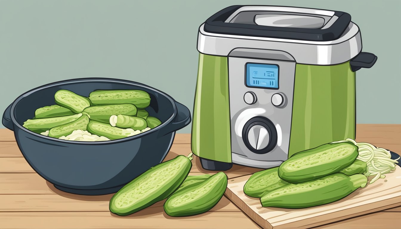 Fresh zucchinis being sliced and grated, with a bowl of seasoned batter nearby, ready for fritter preparation