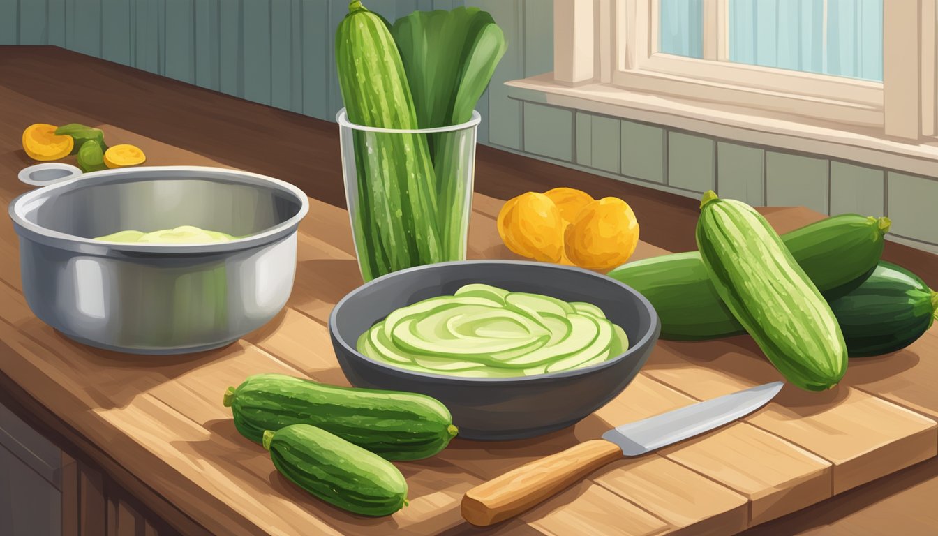 Fresh zucchinis and a bowl of fritter batter on a wooden kitchen counter