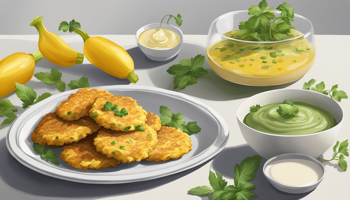 Golden zucchini fritters arranged on a white platter with a side of dipping sauce, garnished with fresh herbs